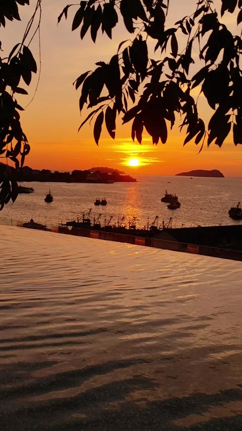 Sunset Over The Sea With Infinity Pool In Kota Kinabalu, Borneo Stock Footage 327894679