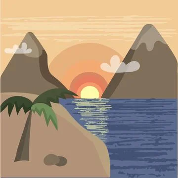 Sunset over the sea. Mountain landscape Stock Illustration