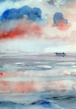 Sunset over the sea, reflections and ship, watercolor sketch Ilustração Stock