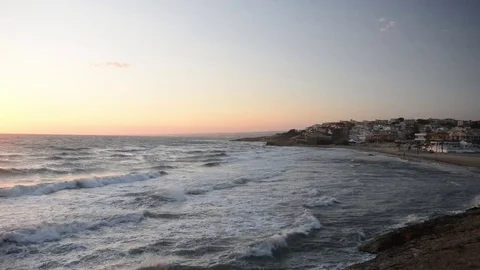 Sunset over the sea with strong wind and waves Stock Footage 83216195