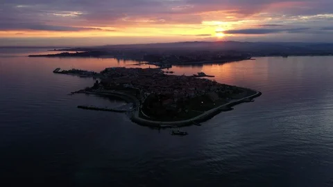 Sunset over the sea town 스톡 동영상 106236012