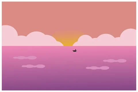 Sunset over the sea. Vector illustration in flat design style. Stock Illustration
