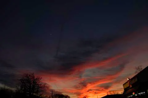 Sunset over shops Stockfoto's