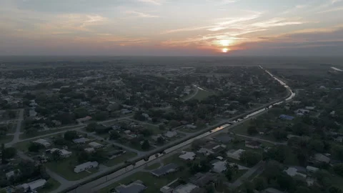 Sunset Over Small Town - Aerial View Stock Footage 322024005