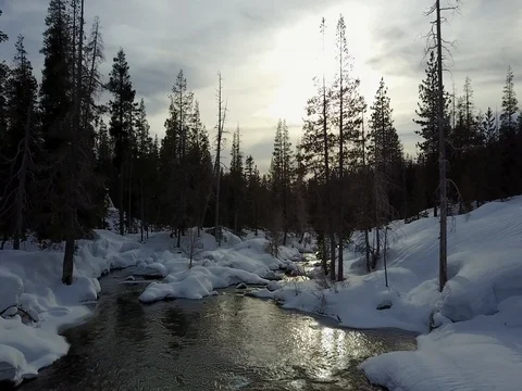 Sunset over Snowy River In Mountains Aerial Stock Footage 75043756