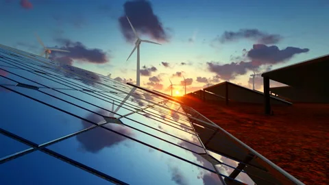 Sunset over solar panel fields Stock Footage 171717909