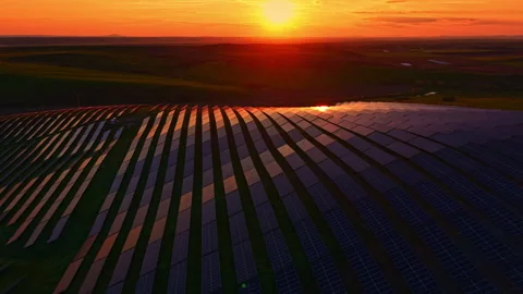 Sunset over solar panels in a renewable energy field located in a rural area Stock Footage 342465003