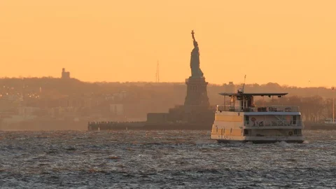 Sunset Over the Statue of Liberty Stock Footage 113754917