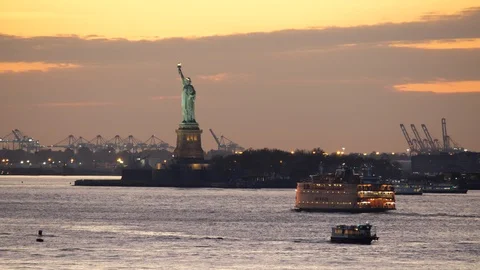 Sunset Over the Statue of Liberty Stock Footage