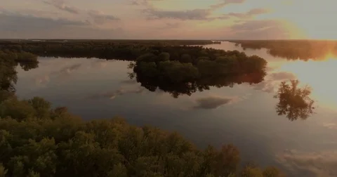 Sunset over still River Water Drone Aerial Stock Footage 82073199