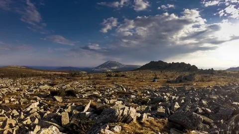 Sunset over stone field in the Urals mountain Iremel Stock Footage 81333335