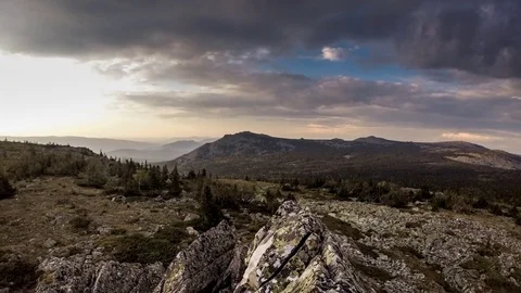 Sunset over stone field in the Urals mountain Iremel Stock Footage 81333399