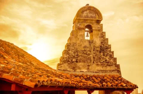 Sunset over Stone Tower of Castillo in Cartagena Stock Photos