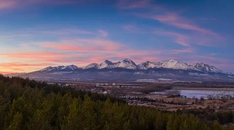 Sunset over the sub-Tatra town of Svit with the river Poprad Stock Photos