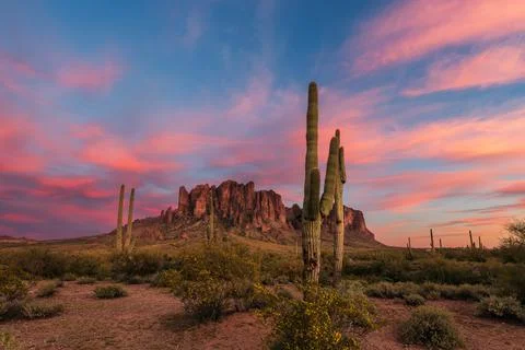 Sunset over the Superstition Mountains in Lost Dutchman State Park, Arizona Stock Photos