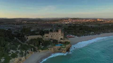 Sunset over Tamarit Castle, Tarragona, Spain Stock Footage 236985262