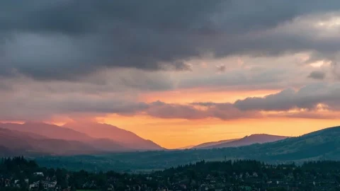 Sunset Over Tatra Mountains Skyline in Zakopane, Vibrant Summer Dusk Stock Footage 282129295