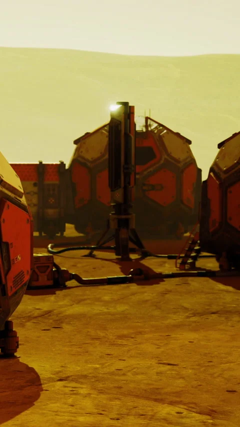 Sunset over a tech savvy settlement on a distant planet Stock Footage 331835867