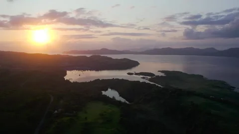 Sunset over Tobermory from a drone, Isle of Mull, Scotland, UK Stock-Footage 245513872