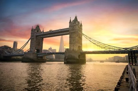 Sunset over Tower Bridge crossing the River Thames in London, UK. Stock Photos