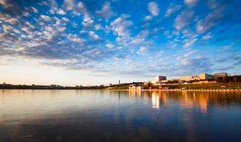 Sunset over the town pond Stock Photos