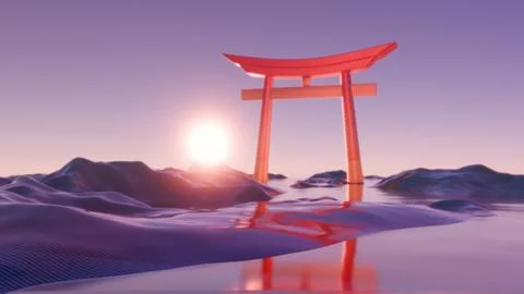Sunset Over Tranquil Waters: Abstract Torii Gate in Minimalist 3D Art Stock Illustration