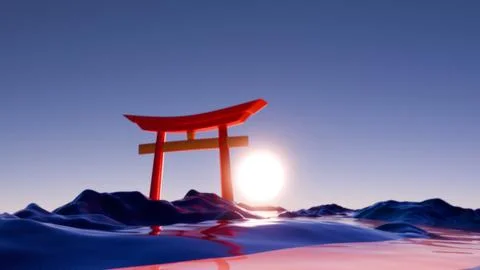Sunset Over Tranquil Waters: Abstract Torii Gate in Minimalist 3D Art Stock Illustration