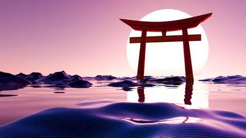 Sunset Over Tranquil Waters: Abstract Torii Gate in Minimalist 3D Art Stock Illustration