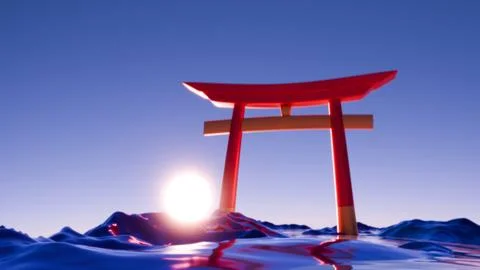 Sunset Over Tranquil Waters: Abstract Torii Gate in Minimalist 3D Art Stock Illustration