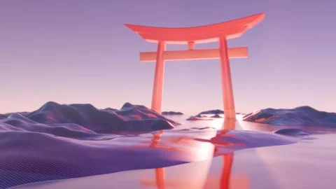 Sunset Over Tranquil Waters: Abstract Torii Gate in Minimalist 3D Art Stock Illustration