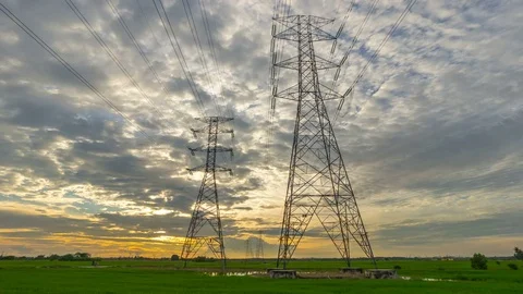 Sunset Over Transmission Electric Tower Pylon Stock Footage 70322812