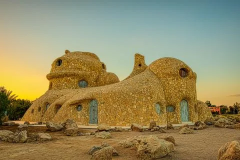 Sunset over the unique turtle guest-house in el Gouna Stock Photos