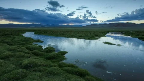 Sunset over the valley of the Tolbo, Mongolia. Full HD Stock Footage 71665535