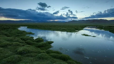 Sunset over the valley of the Tolbo, Mongolia.  Stock Footage 77249460