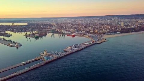 Sunset over Varna port, Bulgaria Stock Footage