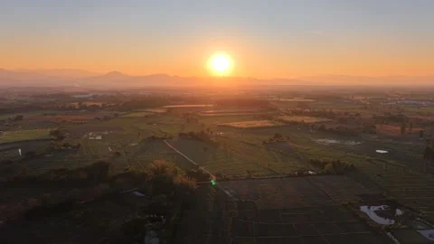 Sunset Over Vast Green Fields in a Picturesque Rural Setting Stock Footage 326176373