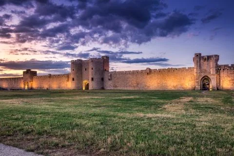 Sunset over the wall in old city Aigues-Mortes, Provence, France. Stock Photos