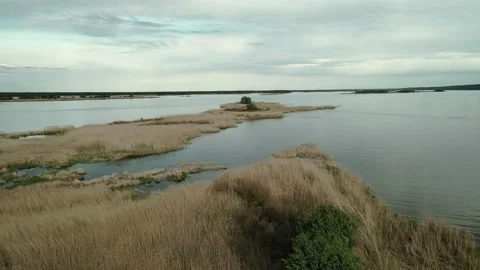 Sunset over wild island on river Stock Footage 154596438
