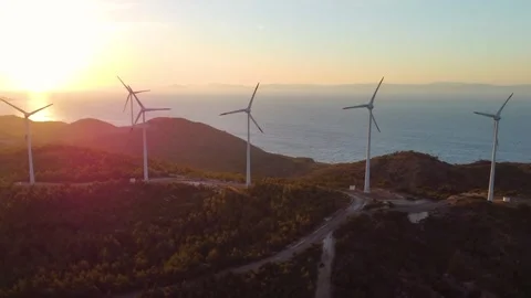 Sunset over Wind Turbines on the Road to Knidos, Turkey Video stock 318173684