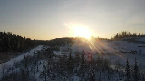 Sunset over the winter forest - Aerial Drone Footage Stock Footage 162902854