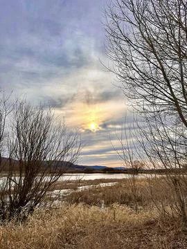 Sunset over Winter Lake Stock Photos