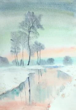 Sunset over the winter river Stock Illustration