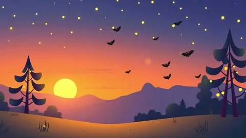 Sunset over woods: Whimsical Animated Halloween Scene - Cartoonish Stock Footage 307475155