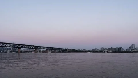 Sunset Over Yangtze River in Wuhan with Golden Glow and City Skyline Stock Footage 326704789