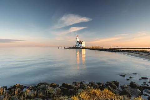 Sunset, Paard van Marken, Lighthouse. Stock Photos