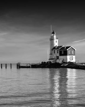 Sunset, Paard van Marken, Lighthouse. Stock Photos