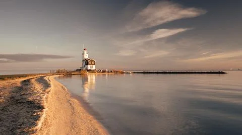 Sunset, Paard van Marken, Lighthouse. Stock Photos