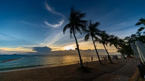 Sunset with Palm Trees and blue sky on a Tropical Beach. TIMELAPSE 4K UHD. Stock Footage 91917023