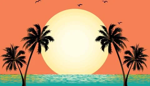 Sunset palms ocean summer orange color tropical illustration Stock Illustration