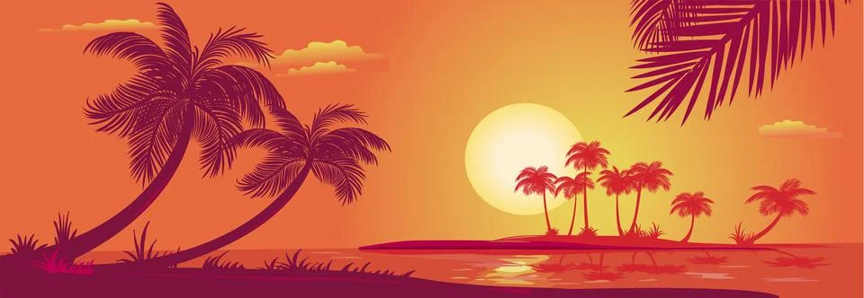 Sunset with palms at sea Stock Illustration